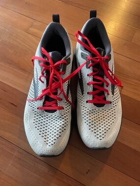 Brooks White Knit Running Shoes with Red Laces
